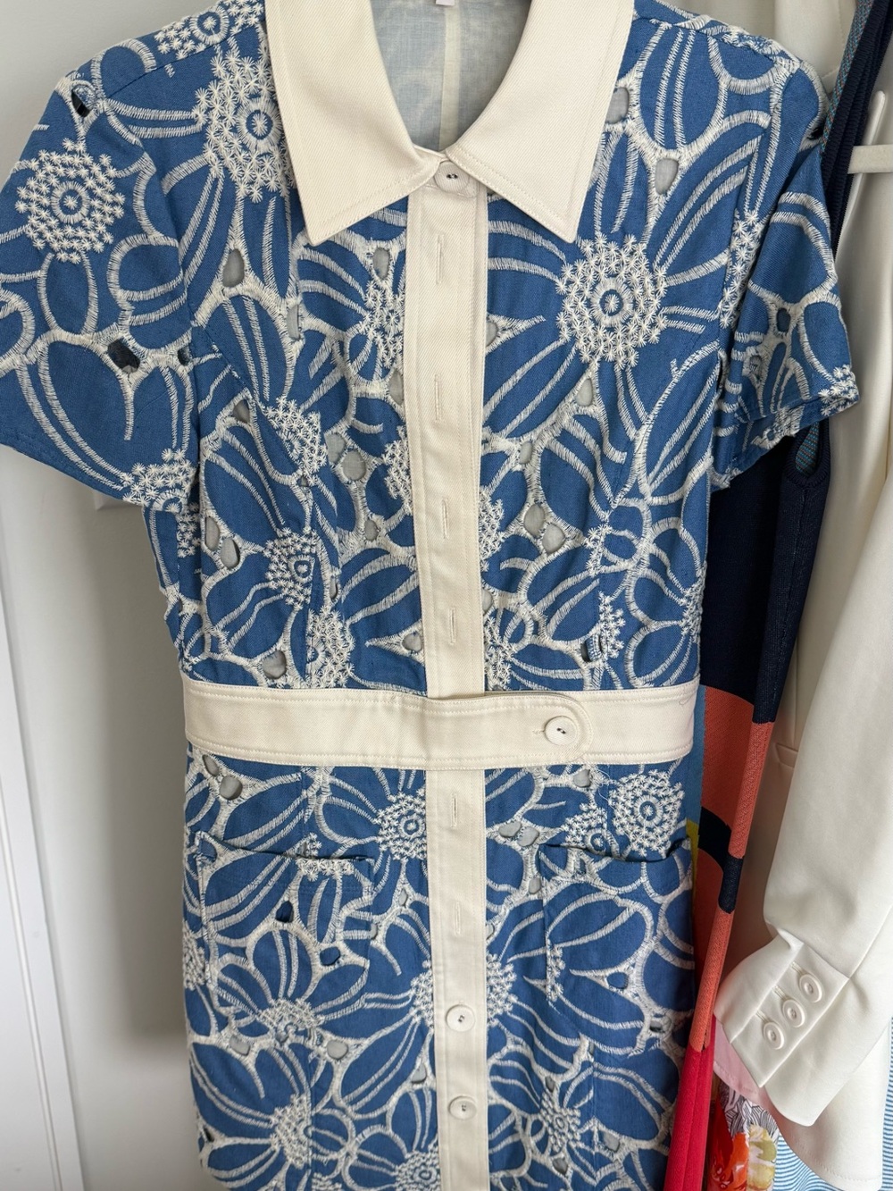 Ramy Brook Blue Floral Lace Mini Dress with Cream Trim - Picture 4 of 5